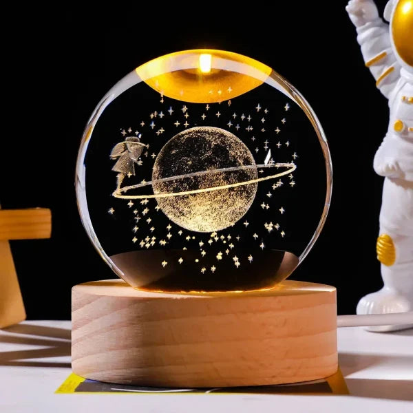 3d Galaxy Solar System Crystal Ball Night Light With Wooden Base